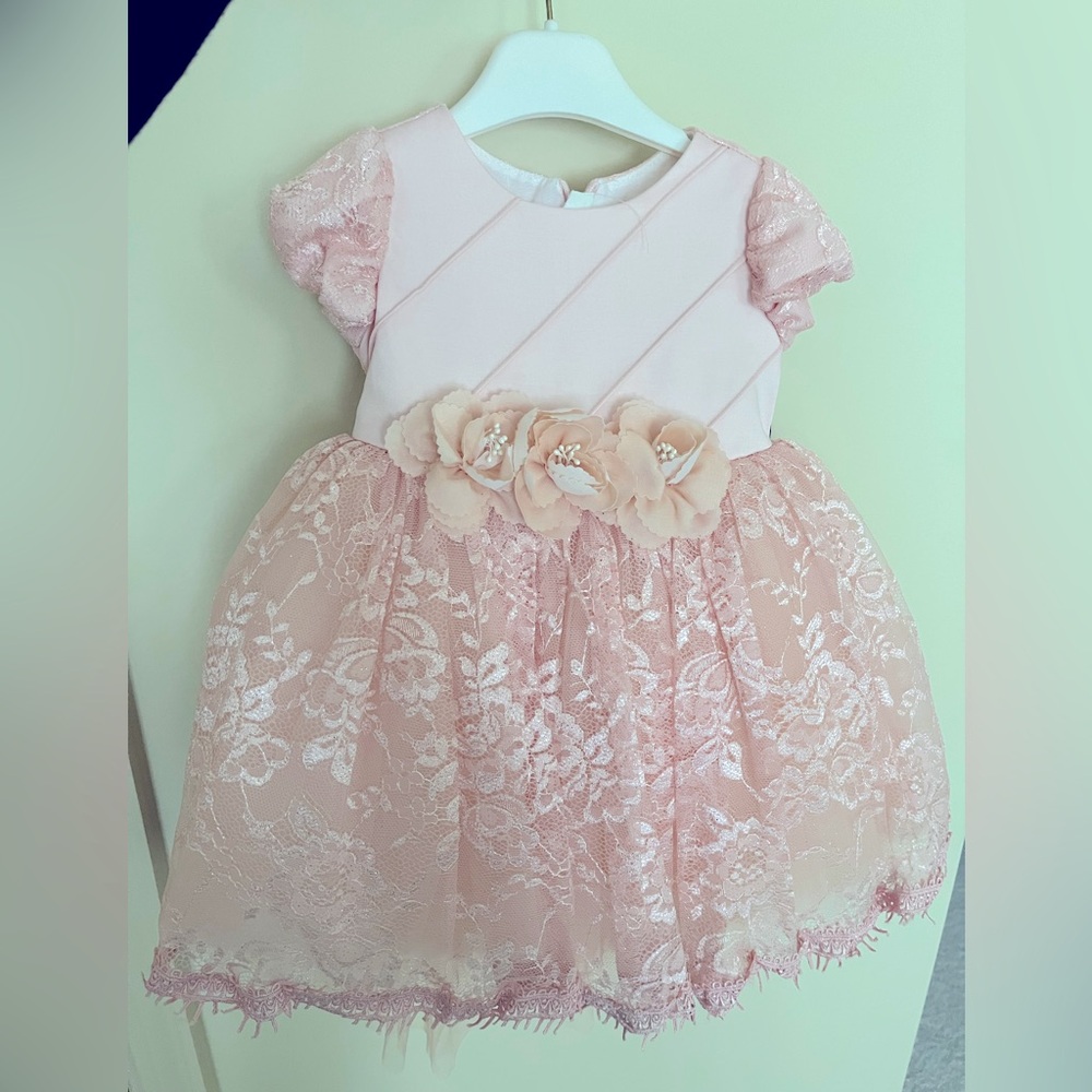 Pink girl dress with matching headband and shoes
